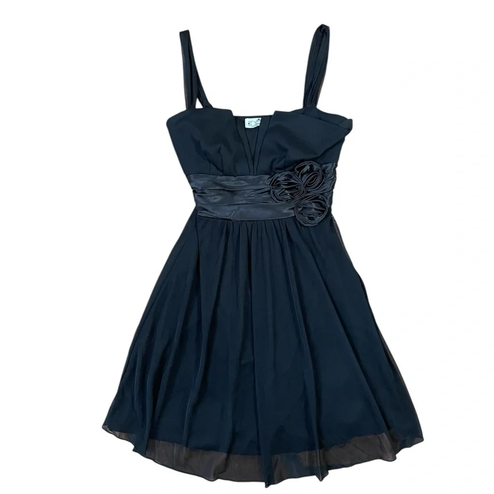 Trixxi Black Rosette Waist Chiffon Fit & Flare Party Mini Dress XS